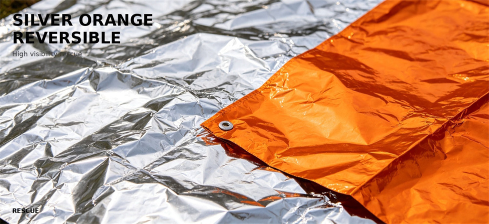 Silver and orange reversible emergency foil blanket shown from both sides for bulk procurement review
