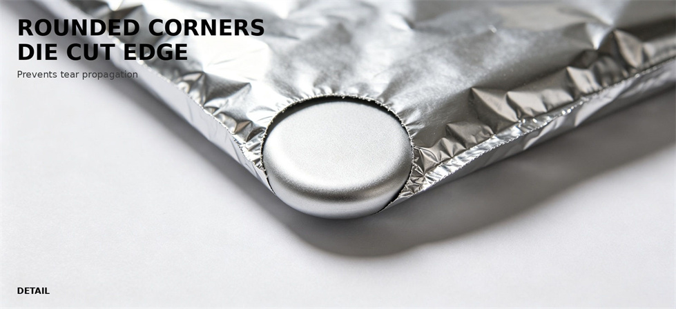 Rounded die-cut corner detail on an emergency foil blanket for procurement review and organized field allocation