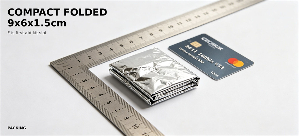 Compact folded emergency foil blanket measured for kit packing for procurement review and organized field allocation