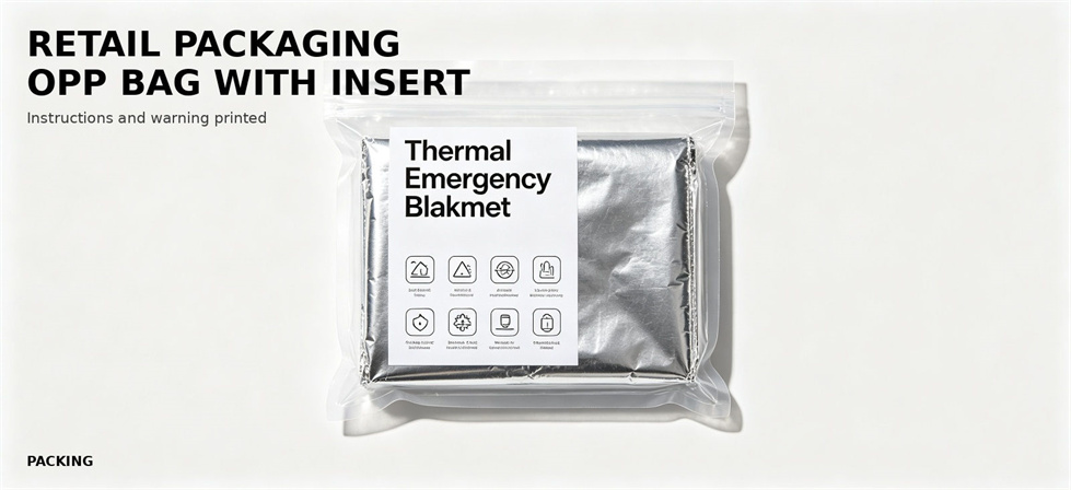 Individually packed emergency foil blanket with printed instruction insert for bulk procurement review