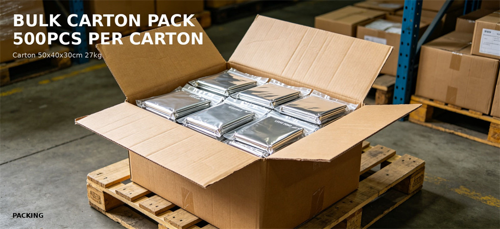 Bulk carton of individually packed emergency foil blankets for warehouse release