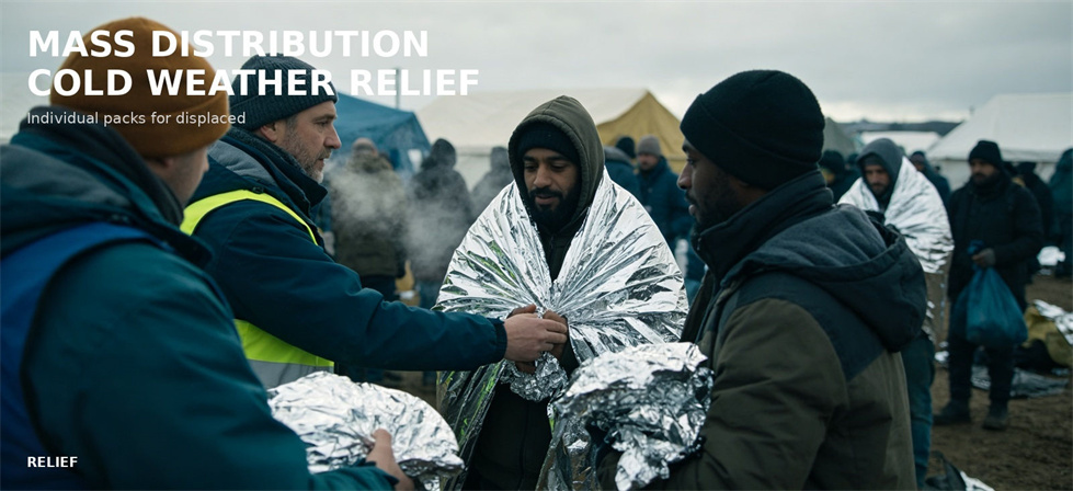 Emergency foil blankets distributed in a cold-weather relief setting for bulk procurement review