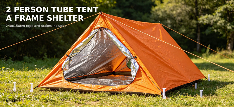 Two-person emergency tube tent shown in a daytime field setup for procurement review and organized field allocation