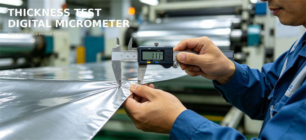 Emergency foil blanket film thickness checked with a digital micrometer for bulk procurement review