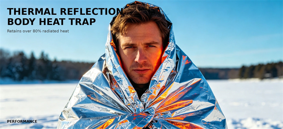 Emergency foil blanket wrapped around a person in a cold outdoor setting for bulk procurement review