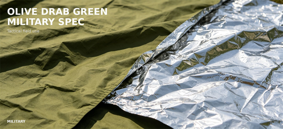 Olive drab emergency foil blanket option shown with its silver inner surface for bulk procurement review