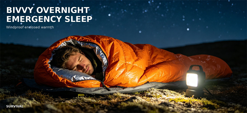 Emergency bivvy sleeping bag used for temporary overnight shelter outdoors for bulk procurement review