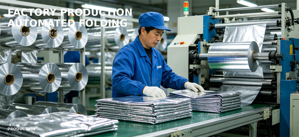 Factory worker folding emergency foil blankets during production for bulk procurement review
