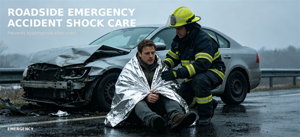 Emergency foil blanket wrapped around a person at a roadside emergency scene for bulk procurement review