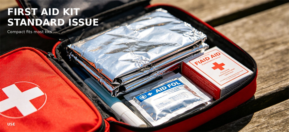 Emergency foil blankets packed inside a first aid kit for supply planning for bulk procurement review