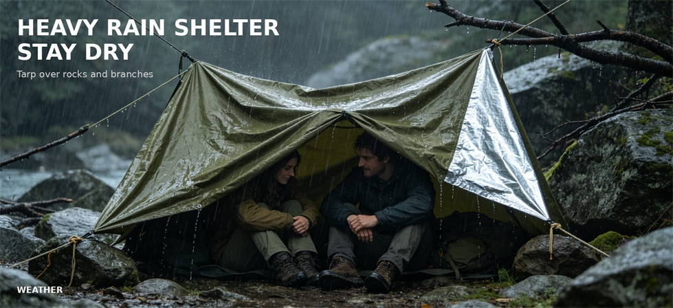 Emergency canopy deployed during heavy rain at a field site for procurement review and field distribution planning