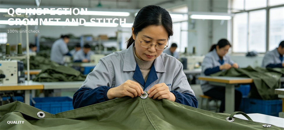Grommet and reinforced stitching inspected during canopy quality control for bulk procurement review