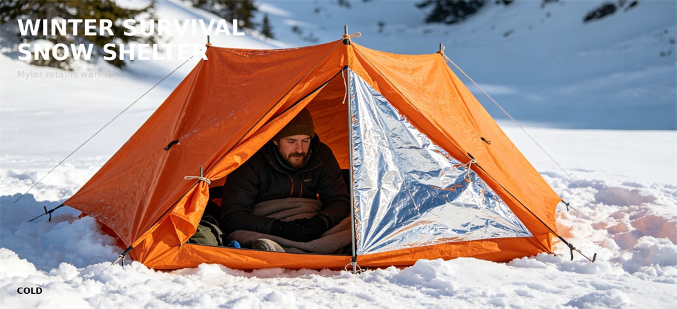 Reflective emergency canopy used as a temporary snow shelter for procurement review and field distribution planning