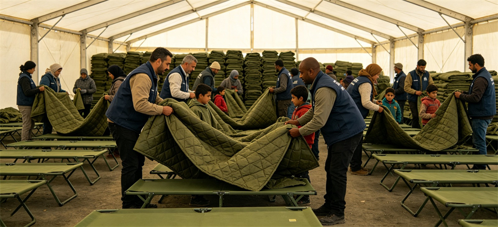 Emergency poncho liner application image for initial sourcing shown in a practical relief scenario for project supply planning