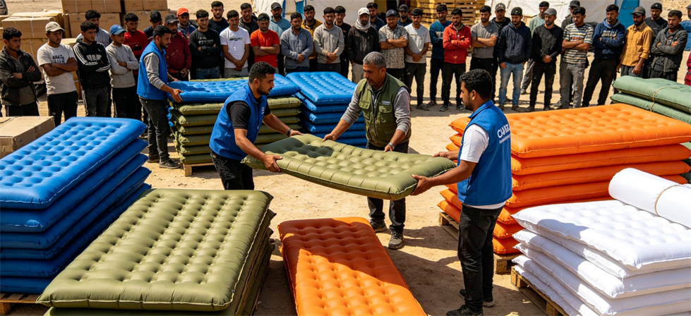 Emergency inflatable mattress material detail image for initial sourcing with visible construction details for bulk purchasing review