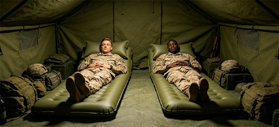 Emergency inflatable mattress deployment image for initial sourcing for temporary shelter projects and field supply planning
