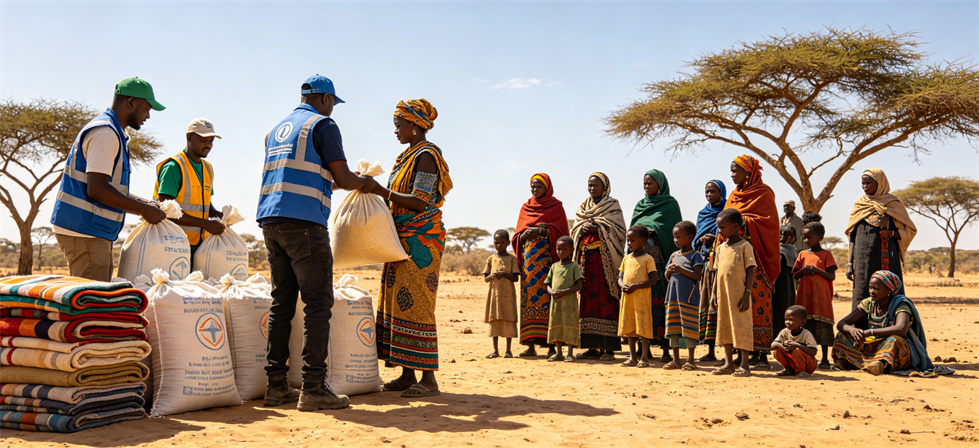 Relief blanket distribution scene for humanitarian procurement planning and emergency reserve allocation