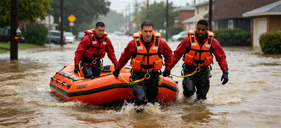 Water Rescue Life Jackets showing flood rescue team for flood response deployment and multi-site supply planning