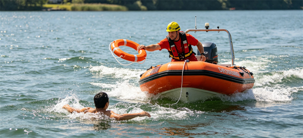 Rescue Lifebuoys showing boat assisted rescue for disaster camp allocation and field operation readiness
