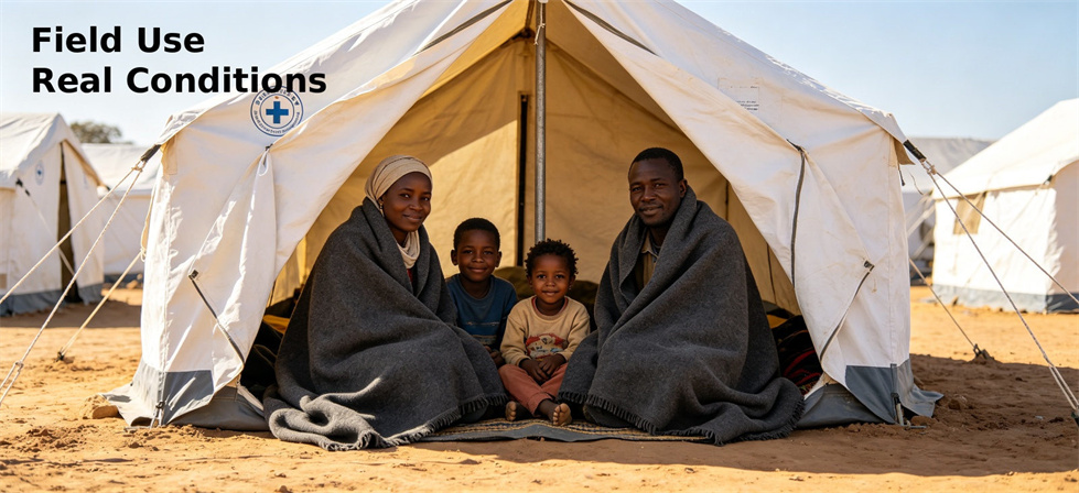 Relief blanket field shelter scene for NGO procurement planning and cross-border emergency response use
