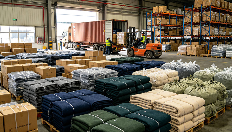 Emergency blanket warehouse stock showing solid color brown warehouse for institutional procurement review