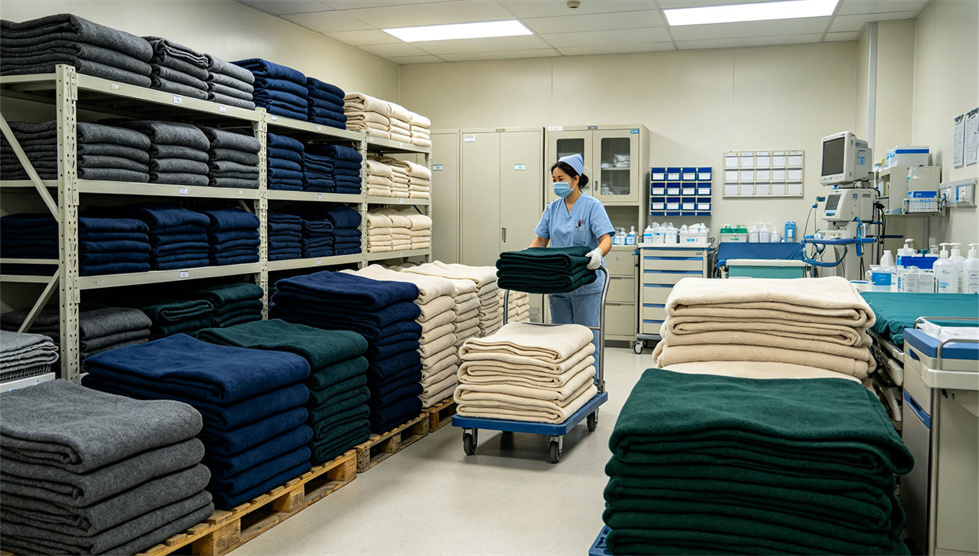 Emergency blanket field-use scene showing solid color navy blue for institutional procurement review