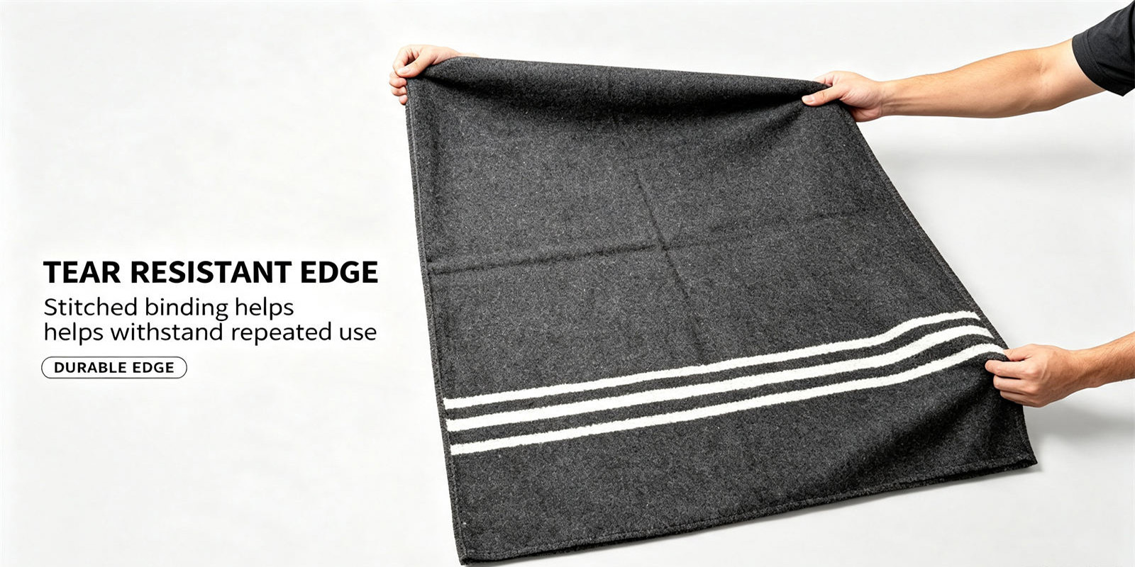 Emergency blanket product detail showing recycled fiber dark gray for institutional procurement review