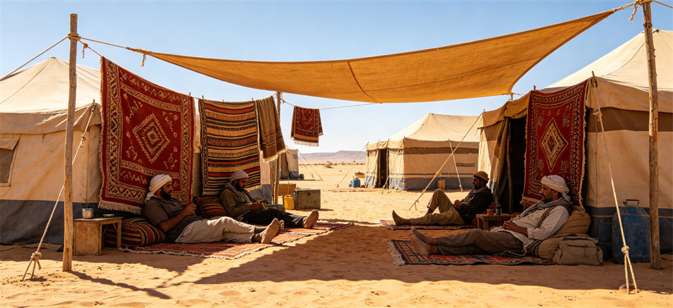 Shelter-project blanket desert tent camp scene for mapping routes, demand and field allocation