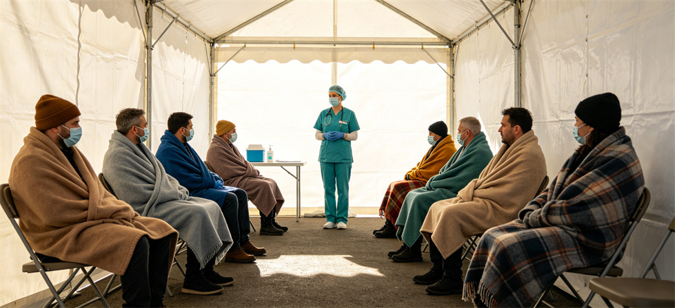 Shelter-project blanket medical team briefing for checking test reports before field allocation
