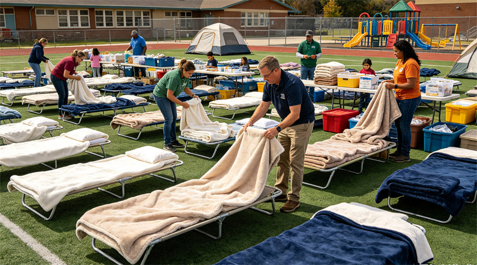 Emergency blanket temporary shelter use showing solid color tan scene for institutional procurement review