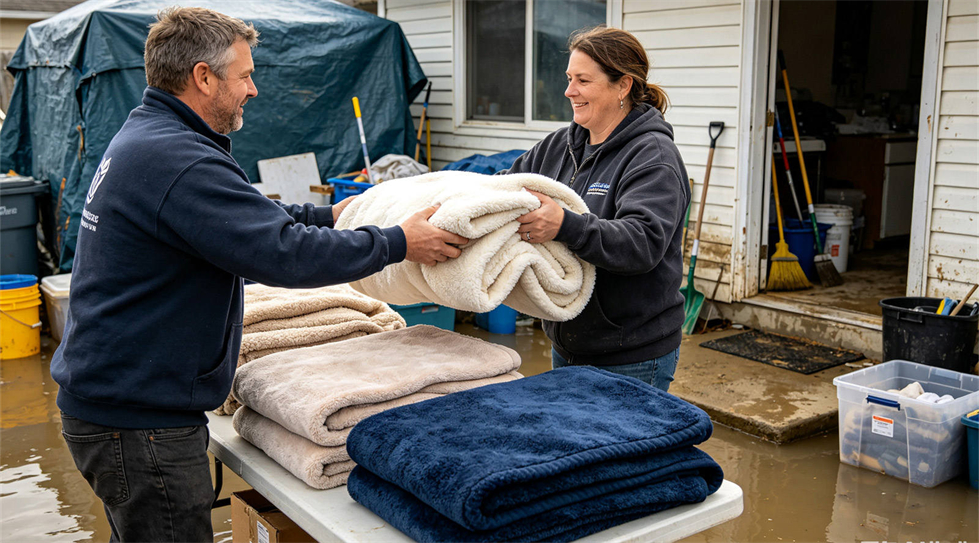 Emergency blanket field-use scene showing solid color navy blue for institutional procurement review