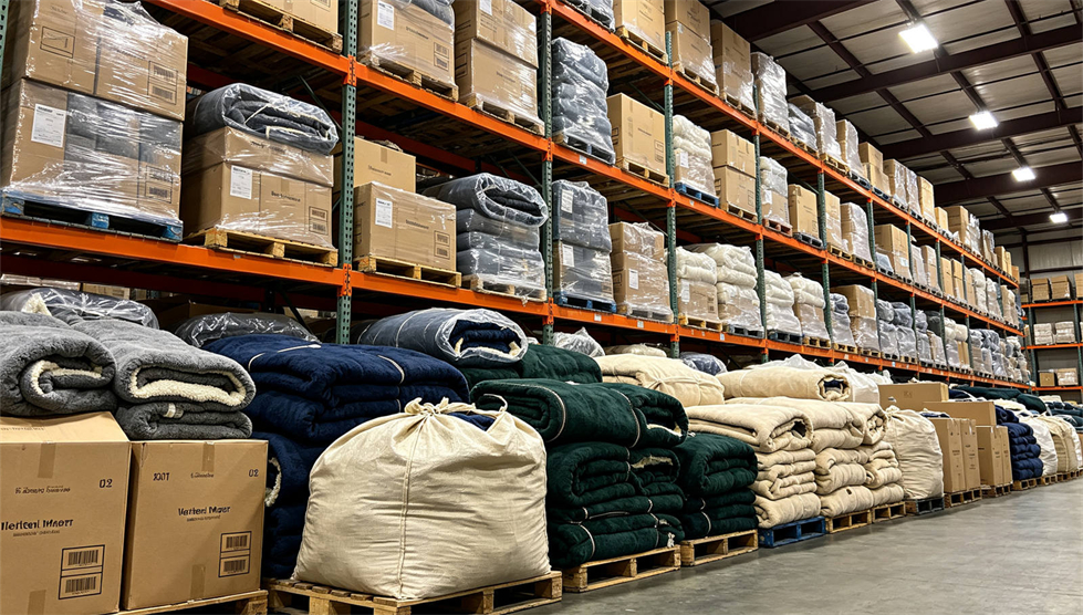 Emergency blanket warehouse stock showing solid color brown warehouse for institutional procurement review