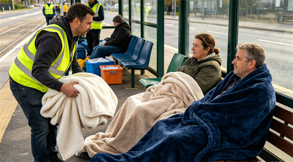 Emergency blanket field-use scene showing solid color navy blue for institutional procurement review