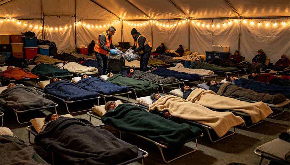 Emergency blanket temporary shelter use showing solid color brown scene for institutional procurement review