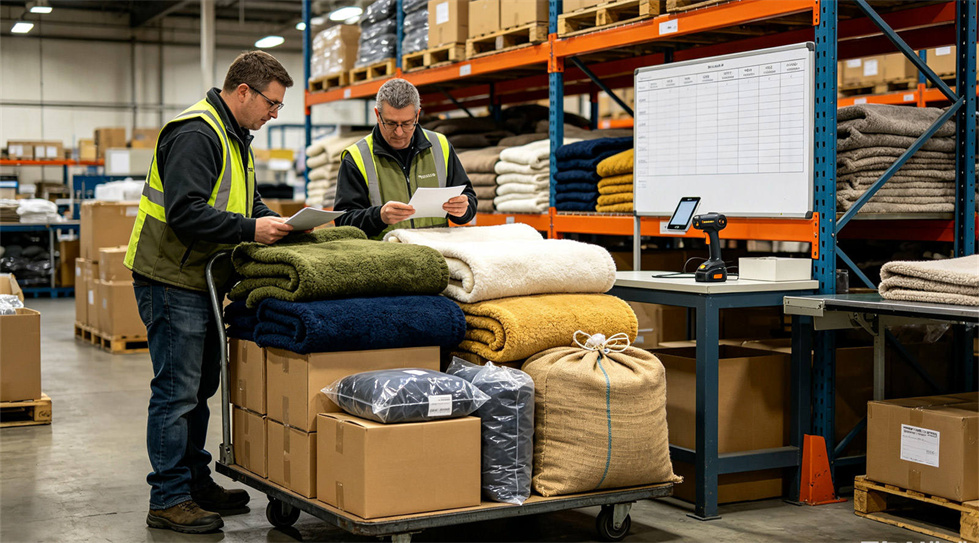 Emergency blanket warehouse stock showing solid color brown warehouse for institutional procurement review