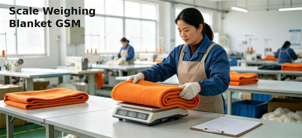 Digital scale weighing a folded blanket for finished weight and GSM calculation checks