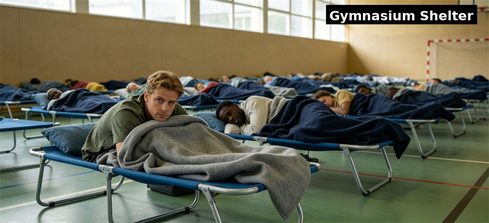 Blankets used on camp beds inside a gymnasium emergency shelter for institutional bulk procurement review