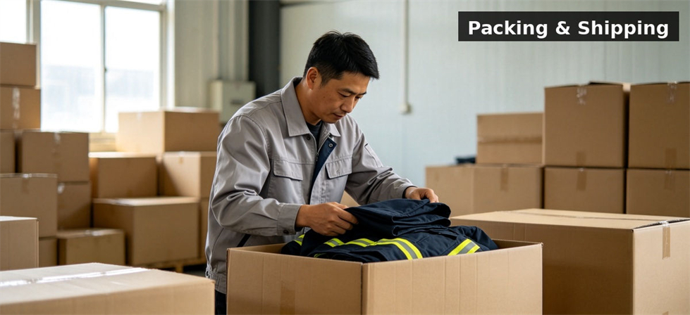 Warehouse worker packing firefighter gear for institutional procurement, inspection and supply planning