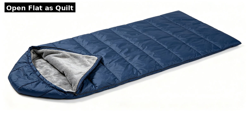 Sleeping bag opened flat to show quilt construction and internal coverage for government stockpile, institutional supply and