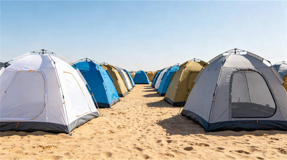 Multiple remote camp tents in white blue khaki colors for site identification