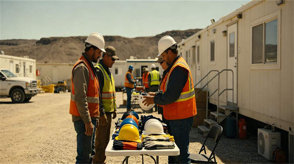 PPE distribution area at remote camp workers receiving safety equipment helmets vests
