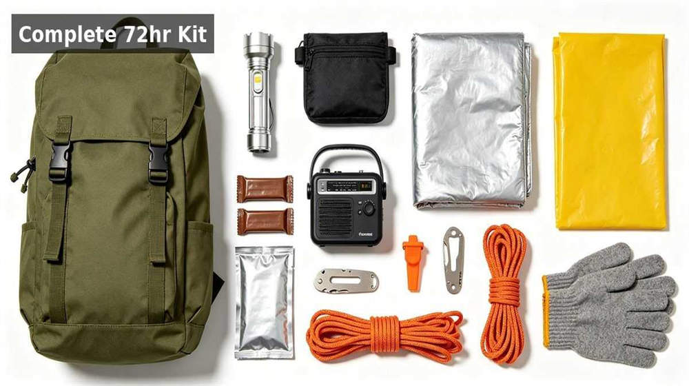 Complete 72 hour emergency kit contents flatlay all supplies arranged on clean surface