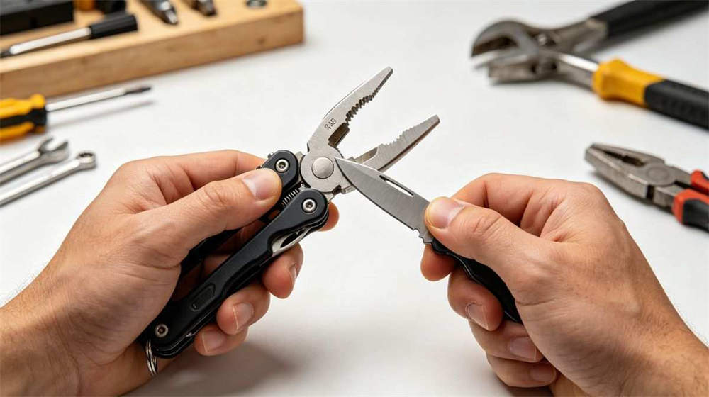 Multi function survival tool being used demonstrating pliers and knife functions on workbench