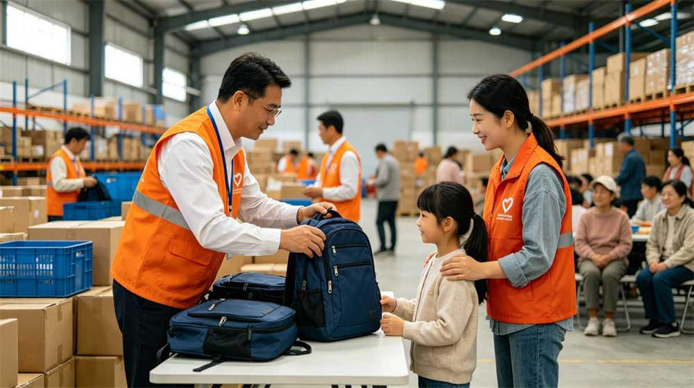 Government and NGO emergency kit distribution workers handing backpacks to families at warehouse