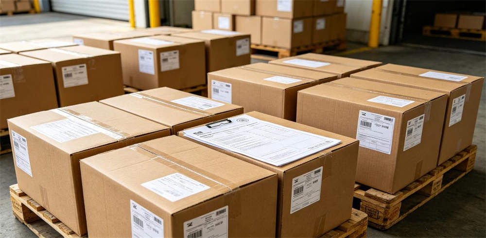 Bulk emergency kits on pallets with shipping labels and customs documents ready for shipment