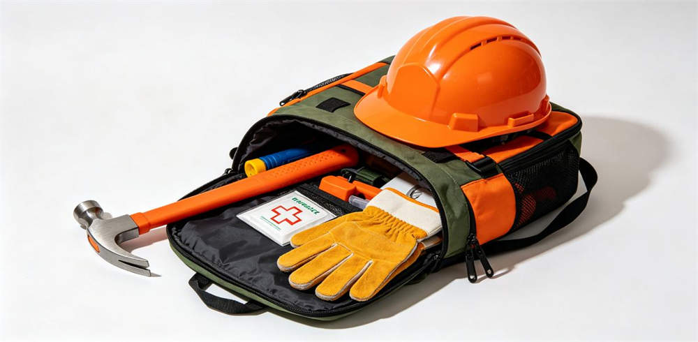 Family earthquake emergency kit with safety helmet pry bar gloves and first aid Family earthquake emergency kit with safety helmet pry bar gloves and first aid