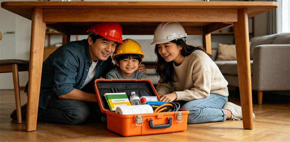 Family taking shelter under table during earthquake wearing safety helmets with kit Family taking shelter under table during earthquake wearing safety helmets with kit