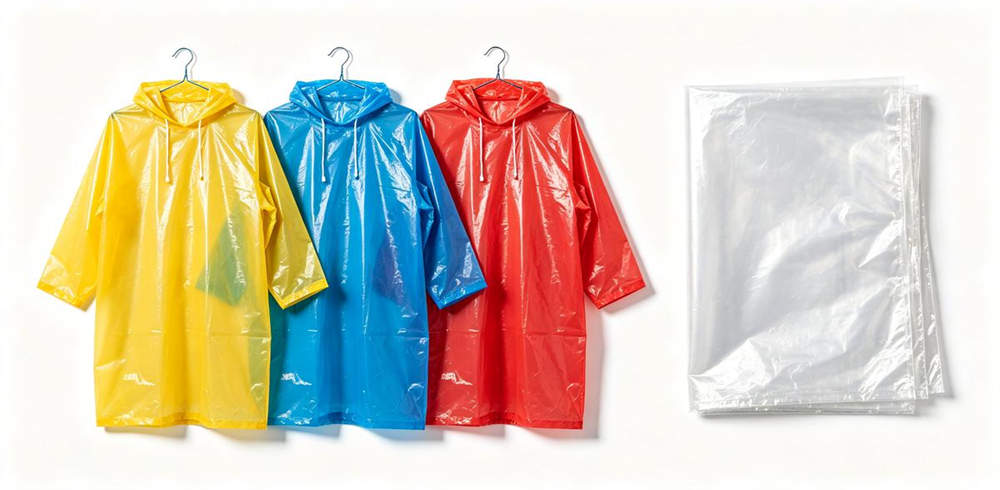 Disposable rain ponchos in yellow blue red and clear colors hanging on hangers Disposable rain ponchos in yellow blue red and clear colors hanging on hangers