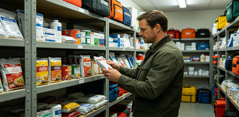 Person checking expiration dates on emergency kit food rations and first aid supplies Person checking expiration dates on emergency kit food rations and first aid supplies