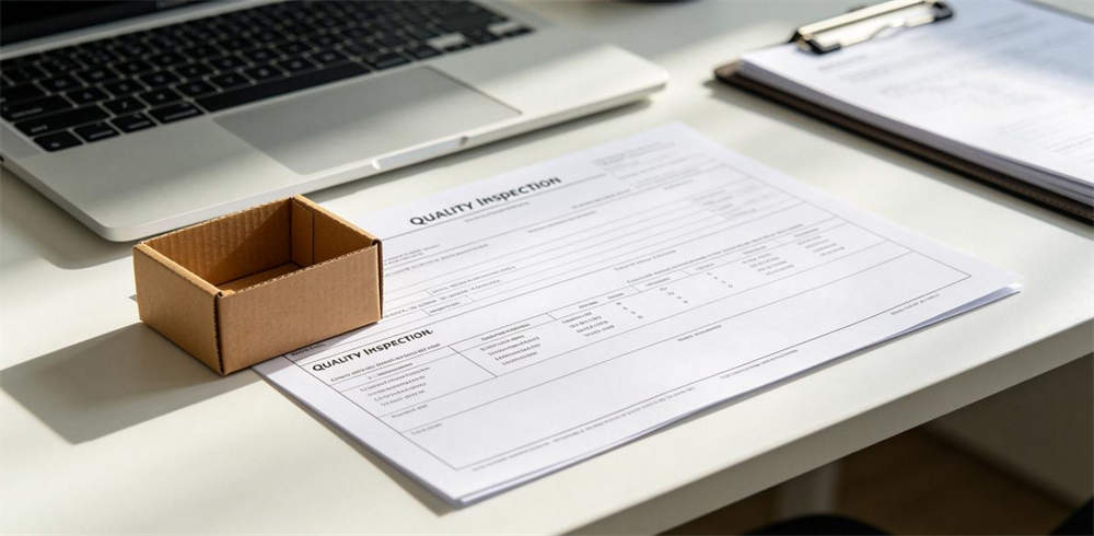 Emergency kit sample order with quality inspection report and small box on office desk Emergency kit sample order with quality inspection report and small box on office desk